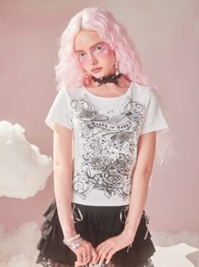 ROMWE Kawaii Camiseta con estampado de corazón - Blanco - Ver 4