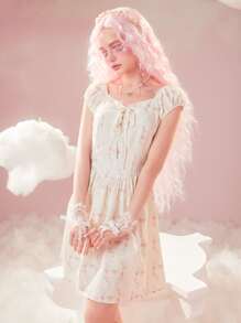 ROMWE Ditsy Floral Print Lace Up Dress - Beige - View 6