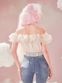 ROMWE Ruffle Trim Off Shoulder Crop Top - Beige - View 6