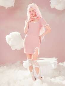 ROMWE Kawaii Lace Trim Split Hem Dress - Pink - View 4