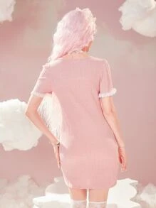 ROMWE Kawaii Lace Trim Split Hem Dress - Pink - View 5