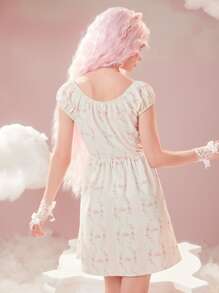 ROMWE Ditsy Floral Print Lace Up Dress - Beige - View 7