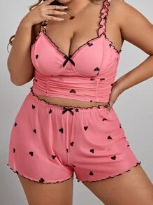 加心印花褶饰网眼吊带背心和短裤睡衣套装/睡衣套装 - 西瓜粉 - 查看 1