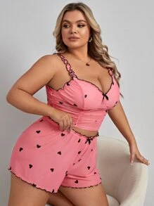 加心印花褶饰网眼吊带背心和短裤睡衣套装/睡衣套装 - 西瓜粉 - 查看 3