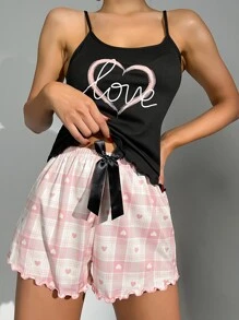 Heart & Plaid Print Lettuce Trim Bow Front PJ Set - Multicolor - View 4