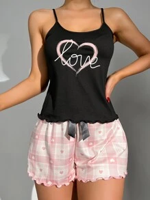 Heart & Plaid Print Lettuce Trim Bow Front PJ Set - Multicolor - View 5