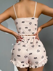 Eyelash & Heart Print Lettuce Trim PJ Set - Multicolor - View 2
