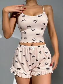 Eyelash & Heart Print Lettuce Trim PJ Set - Multicolor - View 5