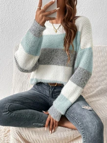 SHEIN Frenchy 撞色落肩袖套頭毛衣