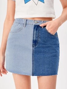 SHEIN Teen Girls Colour Block Denim Skirt - Medium Wash - View 1