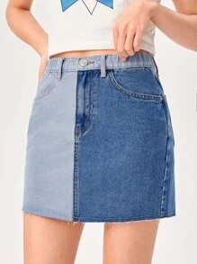 SHEIN Teen Girls Colour Block Denim Skirt - Medium Wash - View 3