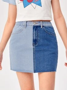 SHEIN Teen Girls Colour Block Denim Skirt - Medium Wash - View 4