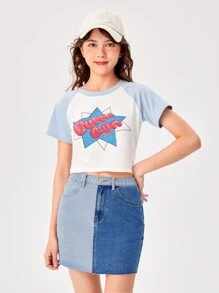 SHEIN Teen Girls Colour Block Denim Skirt - Medium Wash - View 5