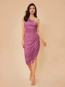 SHEIN BAE Vestido de un hombro fruncido bajo asimétrico - Rosa vieja - Ver 1