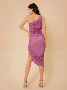 SHEIN BAE Vestido de un hombro fruncido bajo asimétrico - Rosa vieja - Ver 2