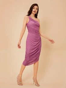 SHEIN BAE Vestido de un hombro fruncido bajo asimétrico - Rosa vieja - Ver 6
