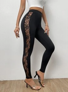 SHEIN Essnce Contrast Lace High Waist Leggings - Black - View 1