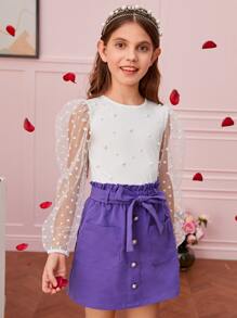 SHEIN 女孩珍珠串珠心網紗袖上衣和紙袋腰半身裙