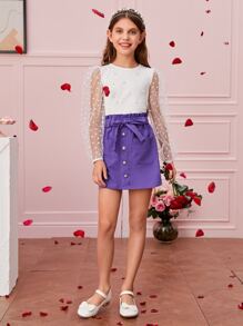 SHEIN 女孩珍珠串珠心網紗袖上衣和紙袋腰半身裙