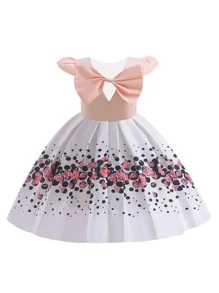 少女派對禮服連緞面裙和花飾裝飾，優雅風格，適合學校表演和戶外活動 - 粉色 - 查看 2