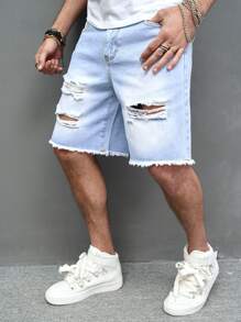 Manfinity Hombres Shorts en mezclilla desgarro crudo bajo crudo - Lavado ligero - Ver 1