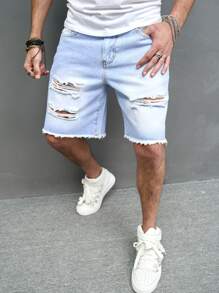 Manfinity Hombres Shorts en mezclilla desgarro crudo bajo crudo - Lavado ligero - Ver 3