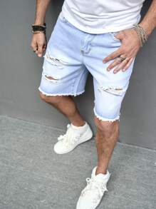 Manfinity Hombres Shorts en mezclilla desgarro crudo bajo crudo - Lavado ligero - Ver 4