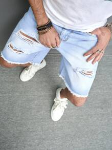 Manfinity Hombres Shorts en mezclilla desgarro crudo bajo crudo - Lavado ligero - Ver 5