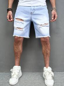 Manfinity Hombres Shorts en mezclilla desgarro crudo bajo crudo - Lavado ligero - Ver 6