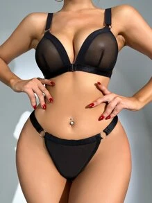 女士内衣套装，文胸+内裤，黑色，内衣 - 黑色 - 查看 3