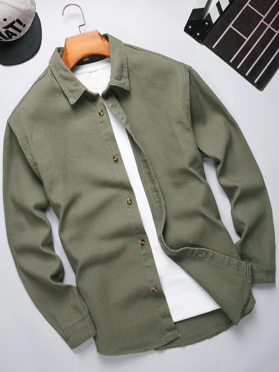 Manfinity Men 1pc Button Front Denim Shirt - Army Green - View 1