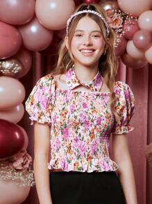SHEIN Teen Girls Floral Print Ruffle Trim Blouse With Dickey Collar - Multicolor - View 1
