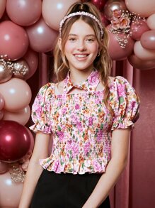 SHEIN Teen Girls Floral Print Ruffle Trim Blouse With Dickey Collar - Multicolor - View 4