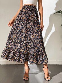 SHEIN Tall Ditsy Floral Ruffle Hem Skirt - Black - View 2