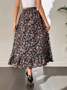 SHEIN Tall Ditsy Floral Ruffle Hem Skirt - Black - View 3