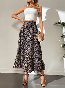 SHEIN Tall Ditsy Floral Ruffle Hem Skirt - Black - View 6