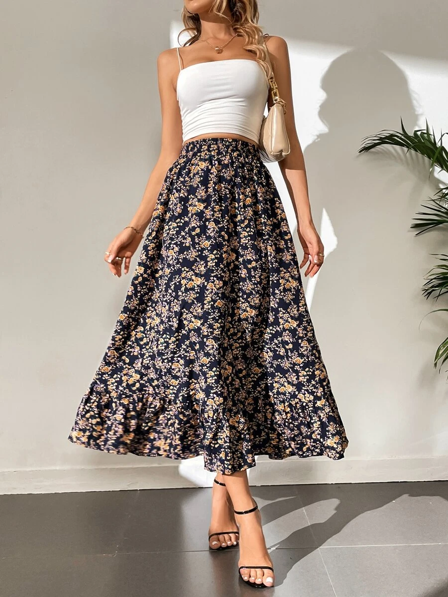 SHEIN Tall Ditsy Floral Ruffle Hem Skirt - Black - View 1