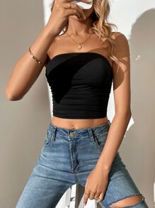 SHEIN Tall Solid Ruched Crop Tube Top - Black - View 1