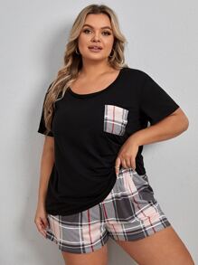 Plus Plaid Patched Pocket PJ Set - Multicolor - View 3