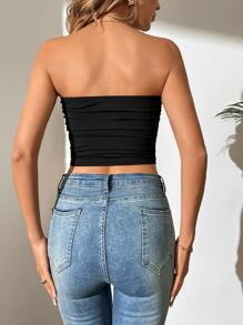 SHEIN Tall Solid Ruched Crop Tube Top - Black - View 2