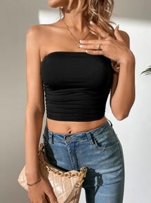 SHEIN Tall Solid Ruched Crop Tube Top - Black - View 5