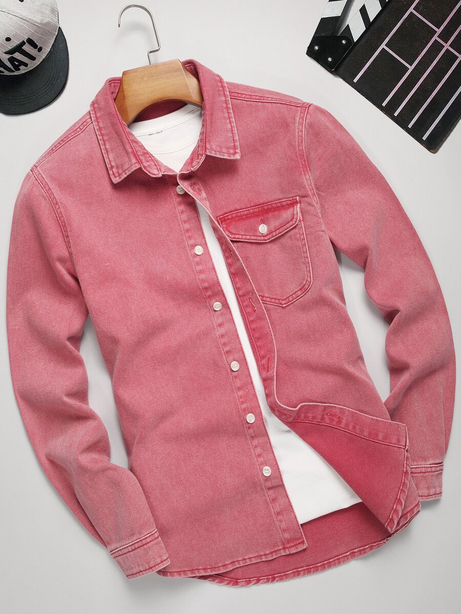 Manfinity EMRG 男士1入組翻蓋口袋牛仔襯衫