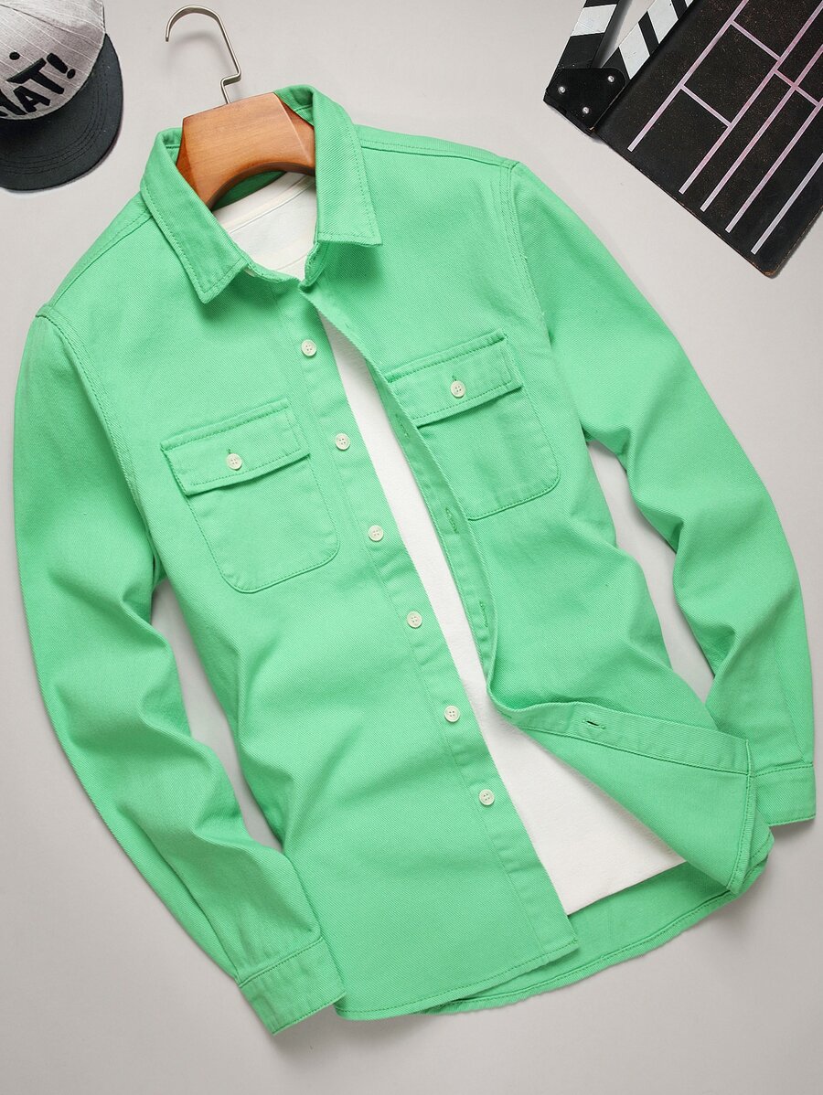 Manfinity Men Flap Pocket Denim Shirt Without Tee - Mint Green - View 1