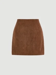 SHEIN MOD 金属装饰不对称下摆半身裙，女士春/秋休闲不对称，索环孔眼，拉链迷你常规版型自然棕色纯色女式半身裙，休闲日常穿着 - 棕色 - 查看 2