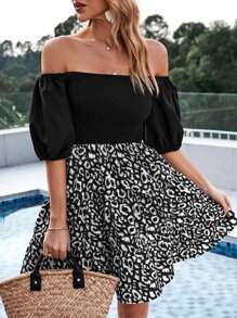 SHEIN VCAY Leopard Print Shirred Off Shoulder Ruffle Hem Dress - Black - View 4