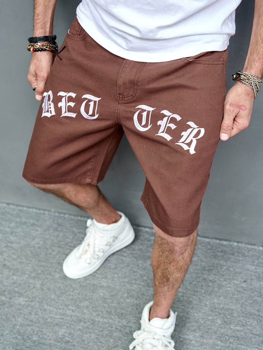 Manfinity Men Letter Graphic Denim Shorts - Brown - View 1