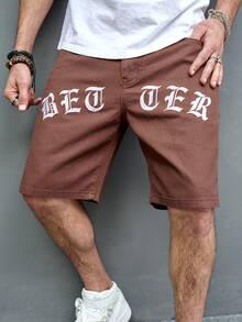Manfinity Men Letter Graphic Denim Shorts - Brown - View 3