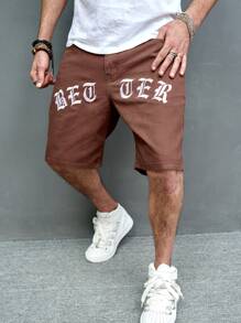 Manfinity Men Letter Graphic Denim Shorts - Brown - View 5