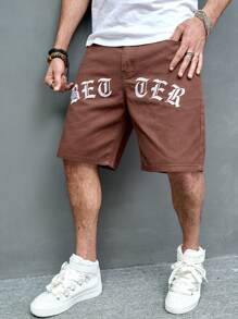 Manfinity Men Letter Graphic Denim Shorts - Brown - View 6