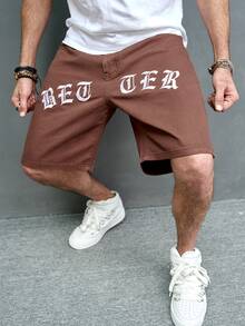 Manfinity Men Letter Graphic Denim Shorts - Brown - View 8